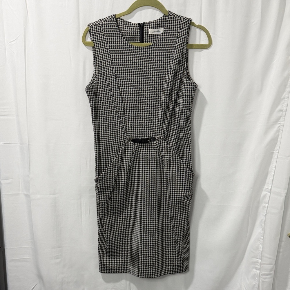 Calvin Klein Black and Gray Houndstooth Midi Dress